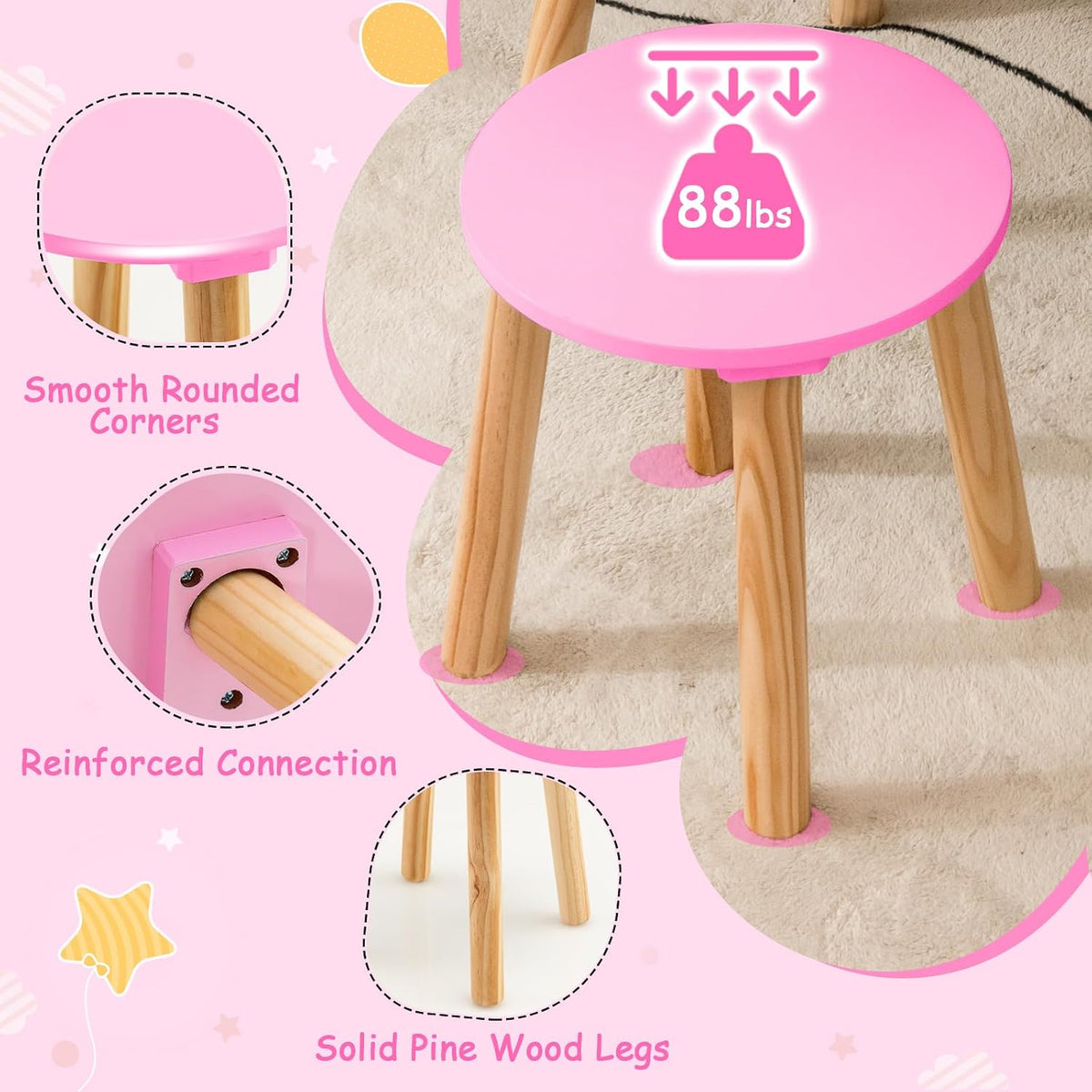 Costzon Kids Vanity Set, Girls Vanity Set with Mirror and Stool, 2 Large Drawers, Storage Shelf, Wooden Princess Makeup Dressing Table, Vanity Table and Chair Set for Toddlers (Pink)