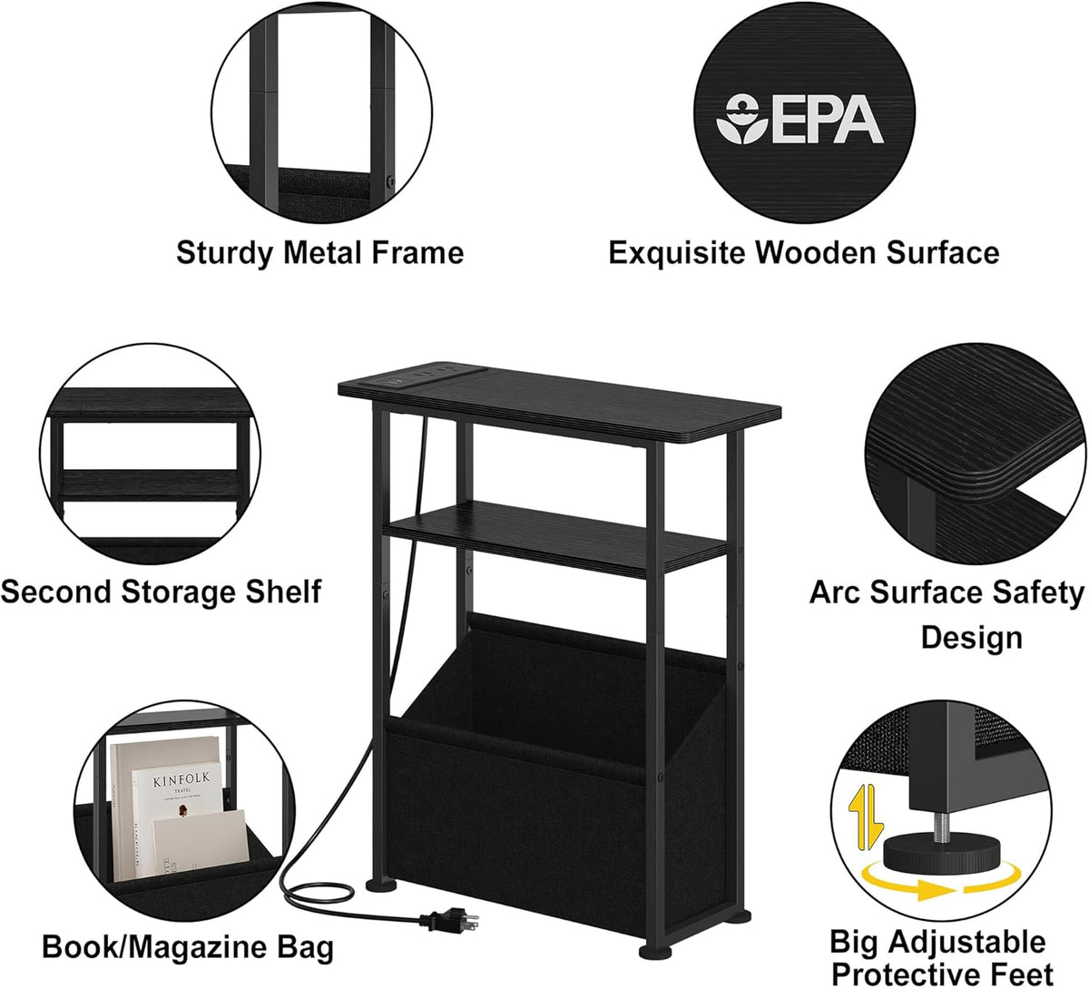 Yusong Narrow Side Table for Small Spaces, Skinny Charging End Table with Storage Basket, 3 Tier Slim Sofa Couch Bedside Table, Thin Nightstand for Bedroom, Living Room, Black