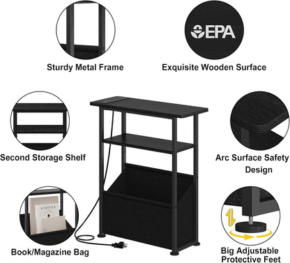 Yusong Narrow Side Table for Small Spaces, Skinny Charging End Table with Storage Basket, 3 Tier Slim Sofa Couch Bedside Table, Thin Nightstand for Bedroom, Living Room, Black