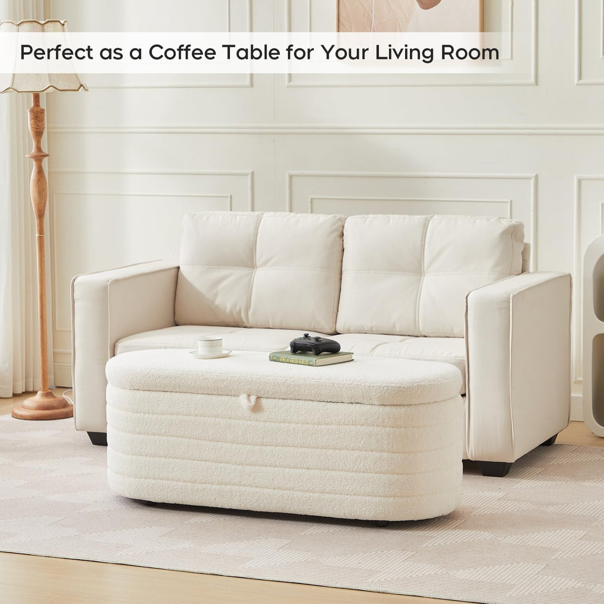 Storage Ottoman Bench End of Bed for Bedroom,45 inch Boucle Upholstered Entryway Shoe Seat Bench w/ Storage,Sherpa Modern Cute Padded Blanket Chest Stool Foot Rest for Living Room,Off-White