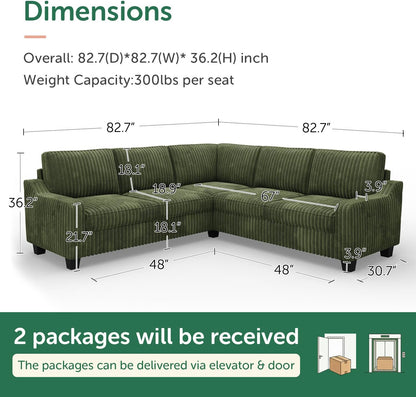 HONBAY Corduroy Convertible Sectional Sofa L Shaped Corner Couch,Green | Compact Sofa,Reversible Sectional Couches for Living Room,Wide Corduroy Fabric,Easy to transport and install