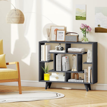 Giantex 3 Tier Geometric Bookshelf, Modern Freestanding Bookcase w/Staggered Shelves, Decorative Open Storage Display Shelves with Legs, Mid Century Storage Organizer for Living Room (Dark Gray)