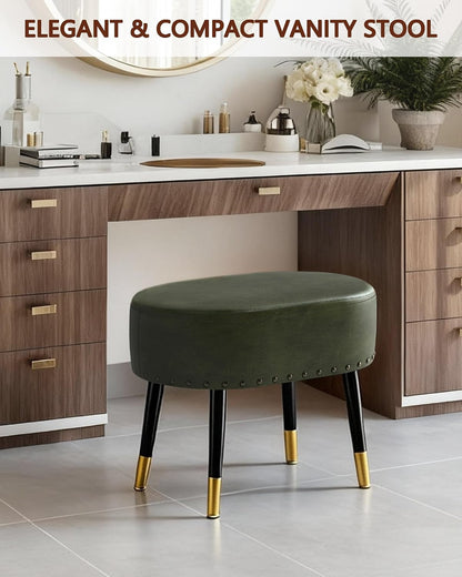 LITZFUR Vintage Vanity Stool Chair, Leather Foot Rest Stool, Green | Oval Ottoman with Metal Legs, Rivet Stool, Padded Seat for Makeup Room, Living Room, Bedroom, 17.7''L x 11.8''W x 15.7''H