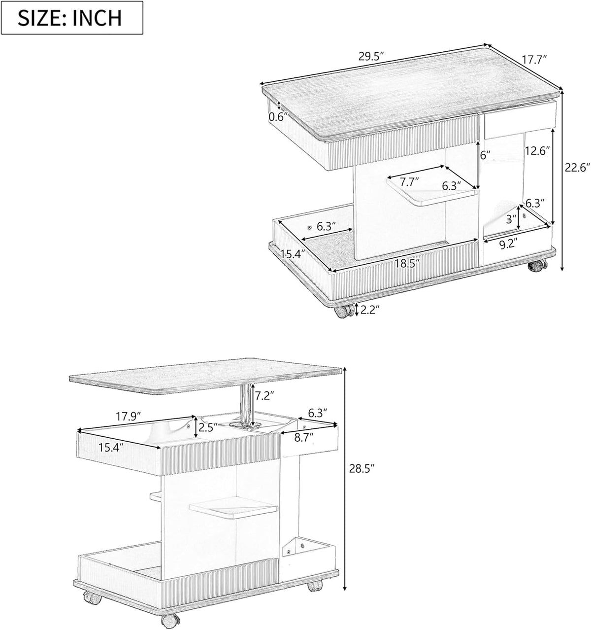 Adjustable End Table with Wheels, Modern Multifunctional Sofa Side Table with Lift-Top, 360°Rotating Top and Storage Space for Living Room, Small Space, Brown+White