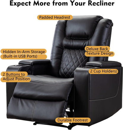 CANMOV Electric Power Recliner Chair with USB Ports and Cup Holders, Breathable Leather Home Theater Seating with Hidden Arm Storage (Black)