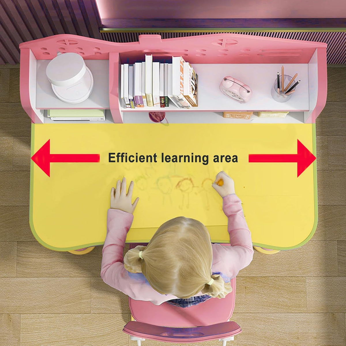 Kids Desk and Chair Set, Height Adjustable Kids Desk with Storage Drawers and Bookshelf, Ergonomic Table for Kid (Pink)