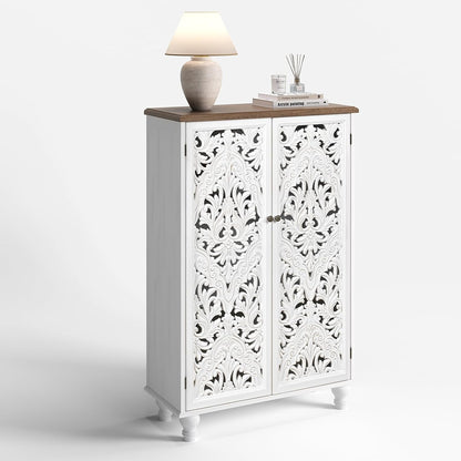 JOINICE 47" Tall Accent Cabinet with Carved Doors & Storage for Living Room | Vertical Storage, Carved Floral Design, Mandala White Buffet, Boho/Farmhouse/Rustic Style, Adjustable Shelves, Easy Assembly