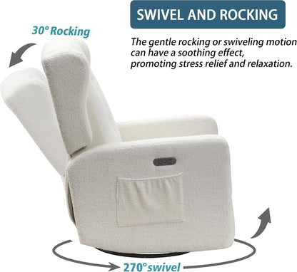 Ketaiyou Power Swivel Rocking Recliner Chair, High Back Electric Rocker Nursery Glider Chair, USB and Type-C Ports, Upholstered Teddy Fabric Reclining Single Sofa Chair for Living Room (Teddy Beige)