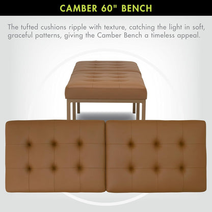 Studio Designs Home Camber Modern Dining Room 60" with Chrome Legs and Tufted Faux Leather, Entryway or Livingroom Accent Bench, Bronze/Caramel