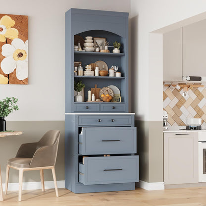 LUMISOL 83.7” Kitchen Pantry, Freestanding Tall Kitchen Hutch with Faux Marble Top, Cupboard Cabinet with 5 Drawers and Adjustable Shelf, Storage Cabinet for Kitchen Dining Room, Set of 2, Gray