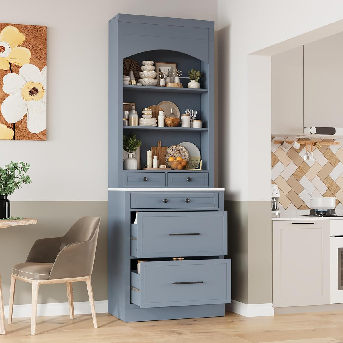 Modern 83.7inch High Kitchen Pantry Storage Cabine, Freestanding Tall Kitchen Hutch with Faux Marble Top, Display Cupboard Cabinet with 5 Storage Drawers and Adjustable Shelf, Gray