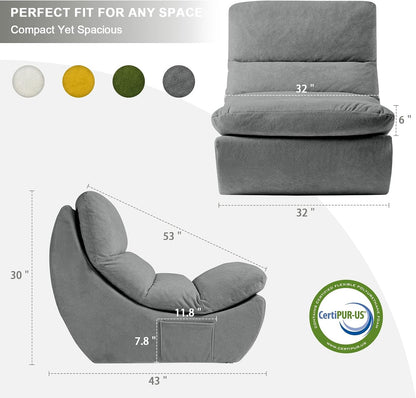 Comfy Reading Chair for Adults, Modular Sectional Sofa Bean Bag Chair, Cloud Couch Style with High Rebound Foam, Single Seat Compressible Sofa for Living Room & Bedroom, Grey