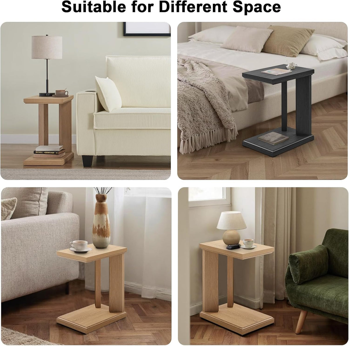 C Shaped End Table for Couch, 23.2'' High Small Side Table 2-Tier C Shaped Sofa Table for Small Narrow Spaces, Modern Nightstand for Bedroom, Living Room, Apartment, Home Office, Oak