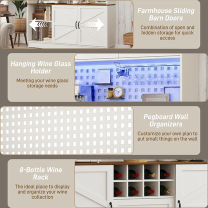 75”Tall 63"W Extra Large Farmhouse Kitchen Storage Pantry Hutch Cabinet w/Power Outlet,Pegboard,Coffee Bar Cabinets,LED Light,Microwave Shelf,Wine Rack,4 Barn Doors,2 Drawers, Dining Room,Black