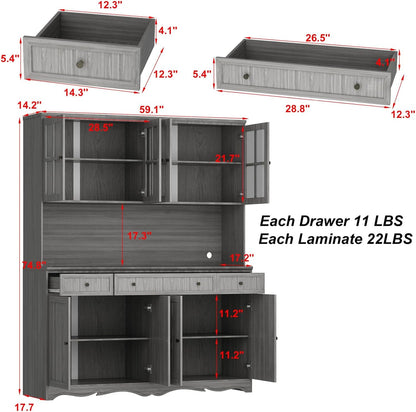 Kitchen Pantry Cabinet with Glass Doors and 3 Drawers, Tall Freestanding Storage Cabinet with Open Countertop, Fluted Doors, Living Room, Grey 59.1”W x 17.7”D x 74.8”H