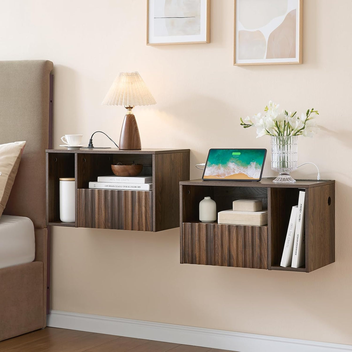 BuildHom Floating Nightstand Set of 2 with Charging Station, Walnut | Wall Mounted Side End Table with Drawer, Modern Fluted Design, 21 inch Larger Storage Night Stand with Outlet for Bedroom