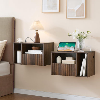 BuildHom Floating Nightstand Set of 2 with Charging Station, Walnut | Wall Mounted Side End Table with Drawer, Modern Fluted Design, 21 inch Larger Storage Night Stand with Outlet for Bedroom