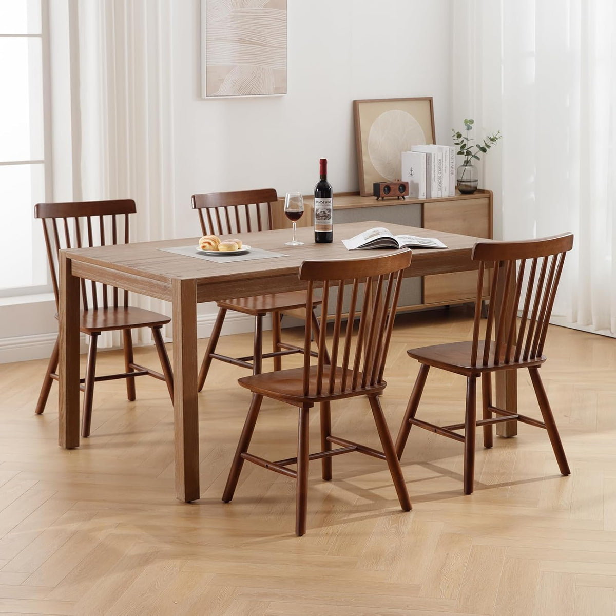 Farmhouse Style Windsor Chairs Set of 4, Vintage Kitchen & Dining Room Chairs with Spindle Back, Comfy Armless Solid Wood Side Chair for Home/Living Room/Restaurant, Walnut