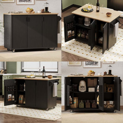 Narrow Kitchen Island with Drop Leaf Height-Adjustable Shelves, Island Table for Kitchen with Wheels Towel Rack， for Kitchen, Dining Room, Black