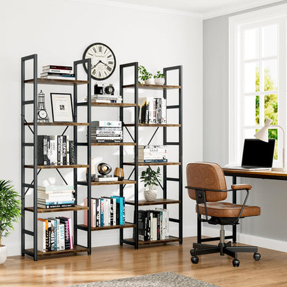NUMENN Triple Column 5 Tier Bookshelf with 14 Adjustable Shelves, Vintage | Metal Frame & Wood Shelves, Open Freestanding Storage Unit with Supporting Bars for Bedroom, Living Room and Home Office