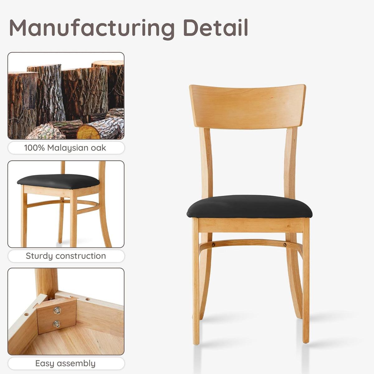 Livinia Mint Dining Chair Set of 2, Solid Malaysian Oak PU Leather Upholstered Cushion Seat, Straight Back Side Chairs (Natural)