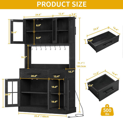 DWVO Kitchen Pantry Storage Cabinet with Microwave Stand, 71'' Tall Kitchen Hutch Cabinets with Power Outlet, Modern Food Pantry Hutch with Drawers ＆ Shelves for Home, Pack of 1, Black | 71" Tall Kitchen Hutch Cabinets with Power Outlet, Modern Food