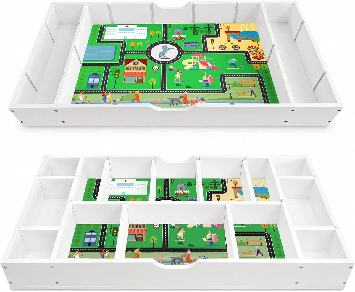 Kids Building Block Table, 3-in-1 Whiteboard Road Map with Storage | Kids Activity Table With 11 Detachable Storage Partitions, Removable Wheels And Low-Profile Under-Bed Or Sofa Design