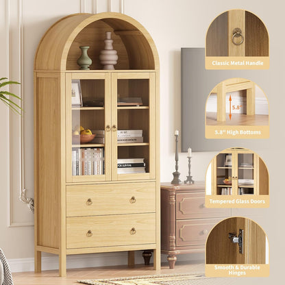 71" Display Arched Storage Cabinet, Kitchen Pantry with Tempered Glass Doors, 2 Large Drawers and Adjustable Shelves, Arched Bookshelf Cabinet for Dining Room Kitchen Office- Natural
