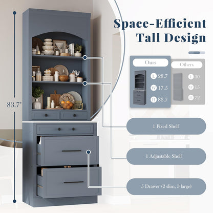 TOPMAX Modern 83.7inch High Kitchen Pantry, Freestanding Tall Kitchen Hutch with Faux Marble Top, Display Cupboard Cabinet with 5 Storage Drawers and Adjustable Shelf (Gray, 1 PCS)
