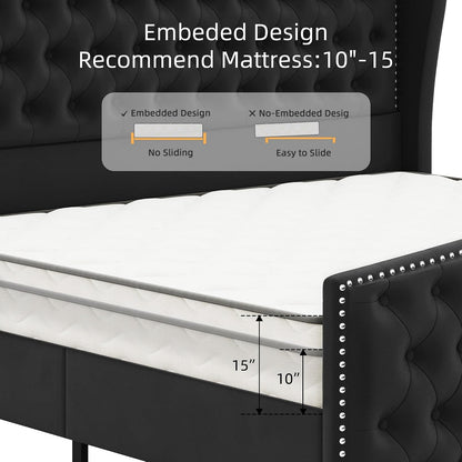 BRELTAM Upholstered King Size Bed Frame Velvet Black Tufted Platform Bed Frame with Wingback Headboard & Footboard, with Deep Button Tufted & Nailhead Wooden Slats Support, No Box Spring Needed