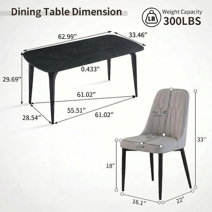 Modern Dining Table Set for 4, 63 inch Sintered Stone Kitchen Table and Chairs,Rectangular Dining Table Set of 4 with PU Leather Chair, 5 Piece Dining Room Table Set for Kitchen, Office, Apartment