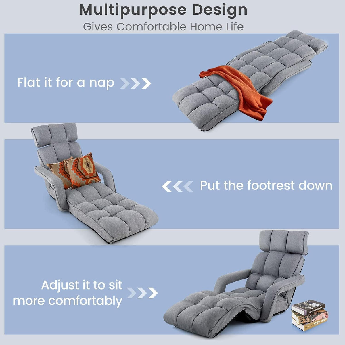 DORTALA Foldable Lazy Floor Sofa, Indoor Chaise Lounge Sofa, 6-Position Folding Padded Lounger Bed with Adjustable Armrest, Backrest and Footrest for Living Room, Bedroom, Office, Gray