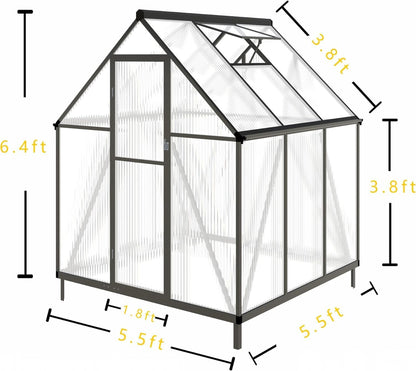 CQZY 6x6 FT Greenhouse for Outdoors, Polycarbonate Greenhouse with Quick Setup Structure and Roof Vent, Aluminum Large Walk-in Green House for Outside Garden Backyard, Dark Gray