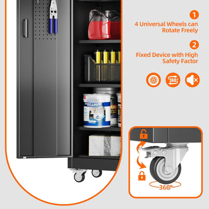 SUXXAN 71" Metal Storage Cabinet with Wheels, Pegboard, Lock, 5 Shelves | Locking steel cabinet with wheels, pegboard and 5 shelves for garage, workshop, office or pantry; assembly required.