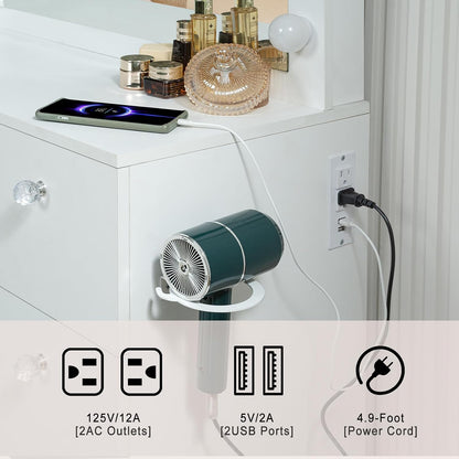 SweetGO 46" LED Lighted Makeup Vanity Desk, 7 Smooth-Glide Drawers, USB & AC Charging Station, Adjustable 3 Light Modes, Cushioned Stool Included, White