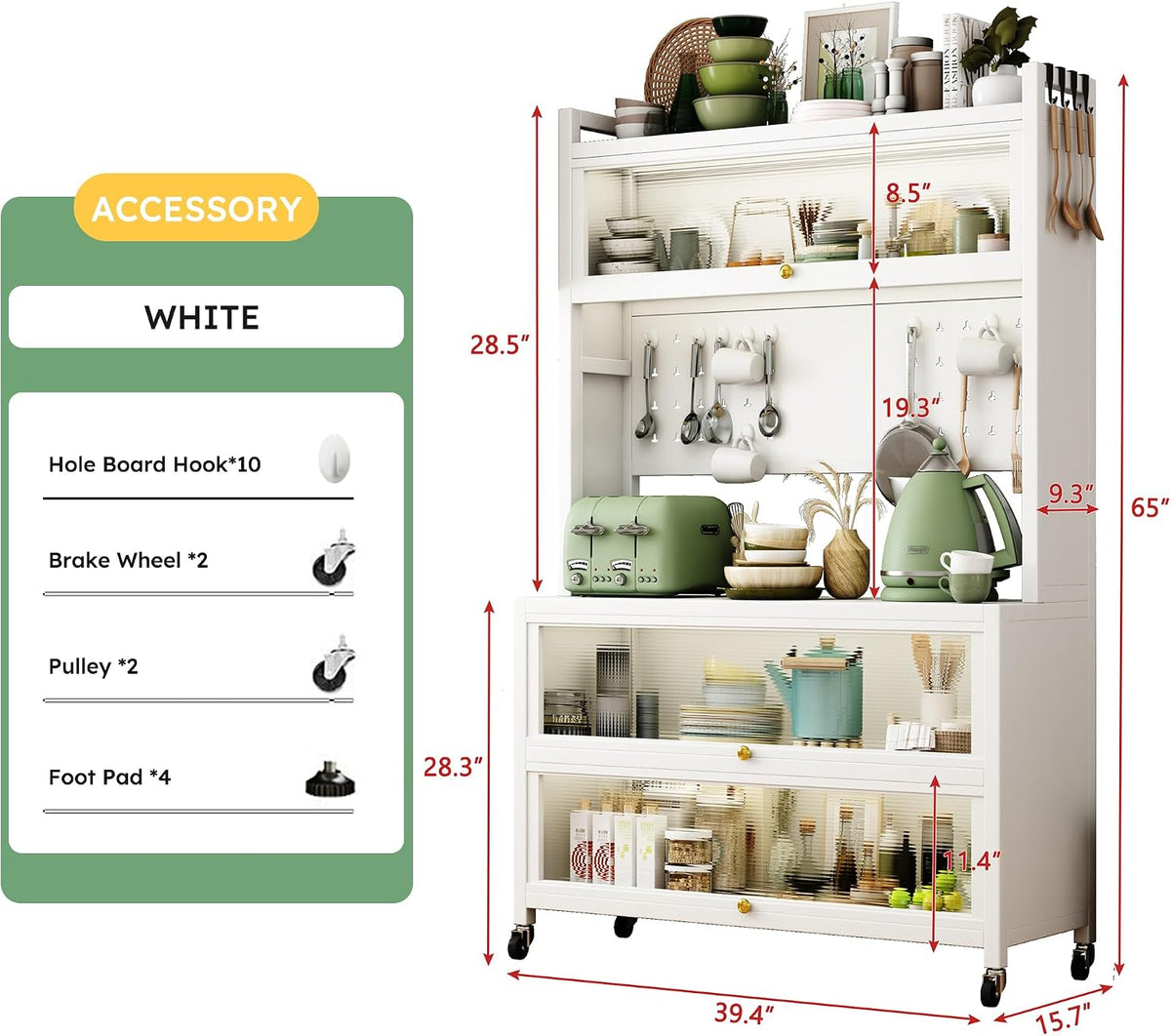 65'' Kitchen Pantry Storage Cabinet, Storage & Microwave Oven Countertop, Pantry Cabinets with 3 Doors and 4 Layers Hole Plate Versatile Storage for Kitchen, Living Room, Dining Room