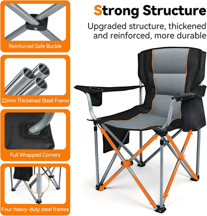 Camping Chairs, 2 Pack Oversized Heavy Duty Fully Padded Folding Chairs | with Cup Holder, Cooler Bag and Side Pocket, Support 400 LBS, Carry Bag Included, Versatile for Sports,Outdoors & Lawns