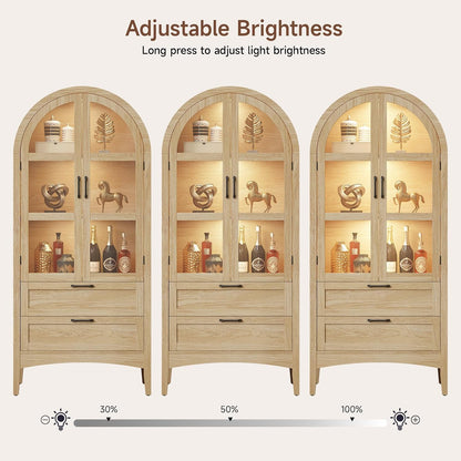 ONBRILL 71" Tall Arched Display Cabinet with LED Lights, Arched Kitchen Pantry with 2 Drawers, Modern Display Storage Cabinets with Adjustable Feet, Pantry Cabinet for Kitchen, Living/Dining Room