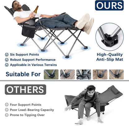 apollo walker Reclining Beach Chair, Adjustable 90-135° Backrest Camping Lounge Chairs for Adults, Folding Chair with Foot Rest & Detachable Pillow - Standard 6-Leg, Grey