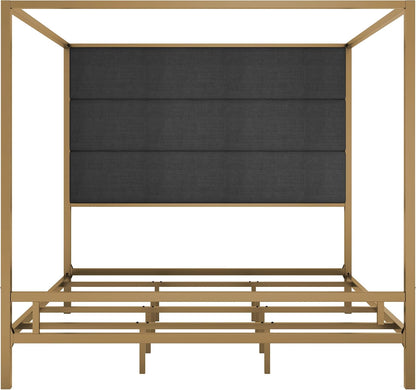 King Size Modern Gold Canopy Bed with Tall Headboard(Dark Gray+Gold, King)