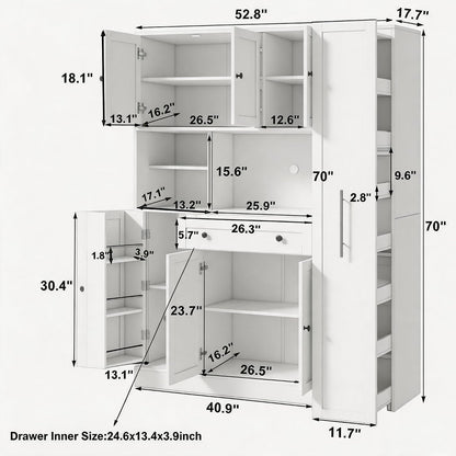 70 Inch Buffet with Hutch and Pull-Out Side Cabinet, White | White P2 MDF, kitchen or dining room, 7-tier side organizer, door shelves, adjustable shelves, open workstation, 52.8 in W