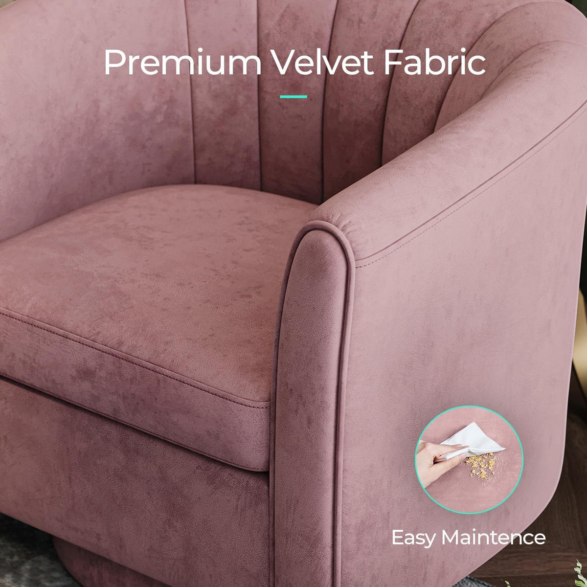 LINSY Swivel Accent Chair Ottoman Set: Velvet Small Barrel Chair with Foot Rest, Modern Reading Chair Upholstered Armchair with Footrest for Living Room Bedroom Study Room Office (Pink)