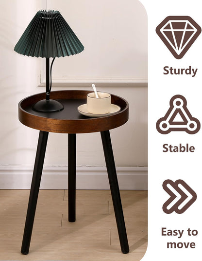 Small Round Side Table, Solid Wood End Table with 3 Metal Legs, Modern Accent Table Circle Coffee Table for Living Room Bedroom Office and Small Spaces, 15.7 * 15.7 * 18 inch