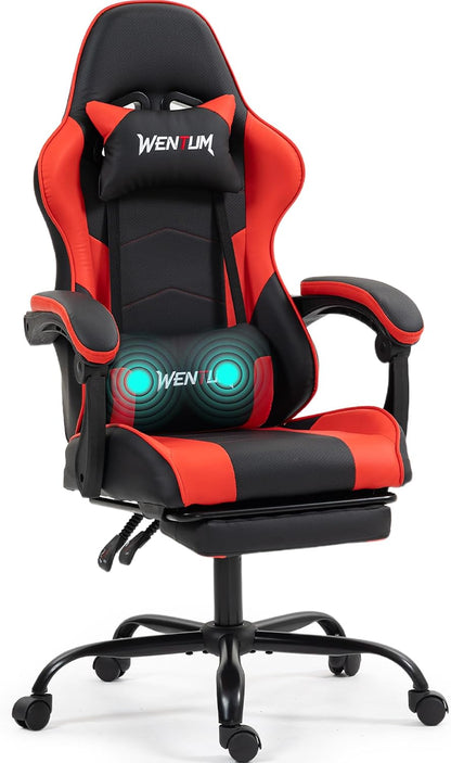 Gaming Chair with Footrest for Adults, PU Leather Massage Racing Video Game Chair w/Lumbar Support for Men Women, Ergonomic Computer Gamer Chair for Home Office, Height Adjustable, Red