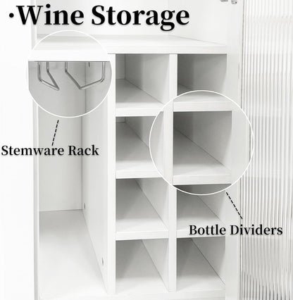 JOYSOURCE Kitchen Hutch Cabinet with 5-Tier Pull-Out Storage Shelves Tall Kitchen Pantry Wine Cabinet Slim Liquor Cabinet with Reeded Glass Door Bottle Dividers & Stemware Rack White
