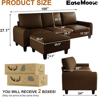 EASE MOOSE 100" Faux Leather L-Shaped Sofa Couch for Living Room, DeepBrown | Movable Ottoman, Removable Cover, Waterproof & Scratch-Resistant, Easy Clean, Easy Assembly, Ideal for Small Spaces