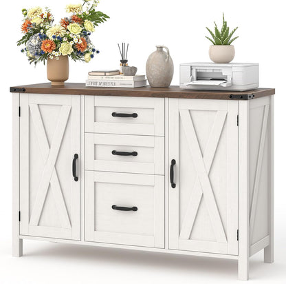 Vabches File Cabinet with 3 Drawers Fits Files Letter/A4 Size, Rustic White | Farmhouse Lateral File Cabinet, Wooden Filing Cabinet with Door and Adjustable Shelves Printer Stand for Home Office