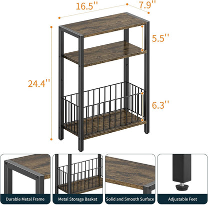 Yoobure Narrow Side Table with Storage Basket, Small End Table for Small Spaces Skinny Side Tables Living Room Bedroom, Slim Nightstand 3 Tier Bedside Table Space-Saving for Magazine, Rustic Brown