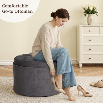 ONBRILL 24" Round Ottoman Coffee Table, Storage Ottoman with Lift-Off Lid | Large Size, Sturdy Steel Frame, 15.4" Height Foot Stool（Better for Low-Profile Sofa), Extra Seat, Entryway Shoe Bench