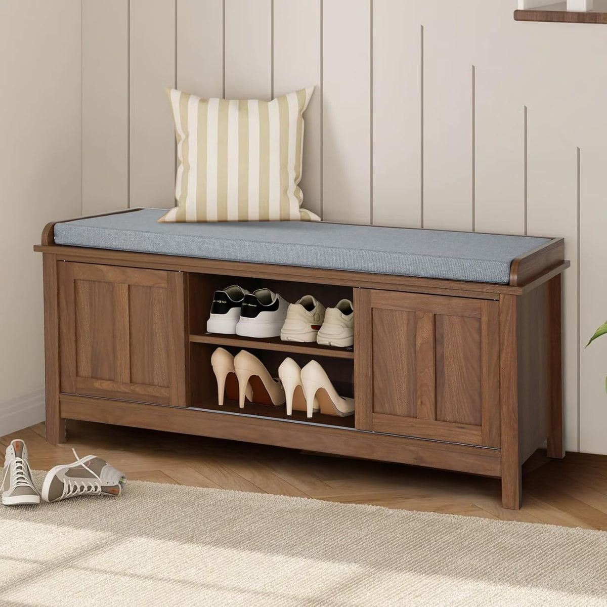 2-Tier Shoe Storage Bench,43" Wooden Shoe Cabinet with Sliding Doors,Walnut Shoe Bench with Adjustable Shelves,Storage Bench for Entryway,Hallway,Bedroom